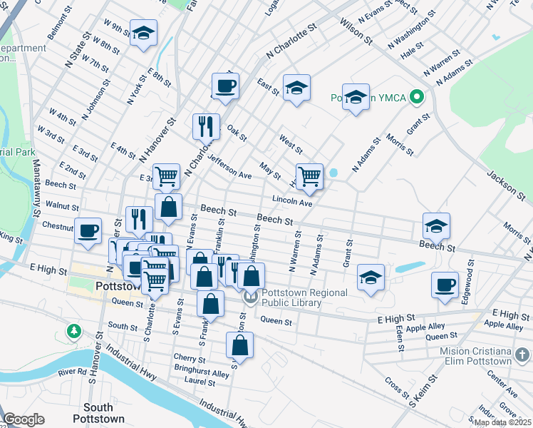 map of restaurants, bars, coffee shops, grocery stores, and more near 511 Beech Street in Pottstown