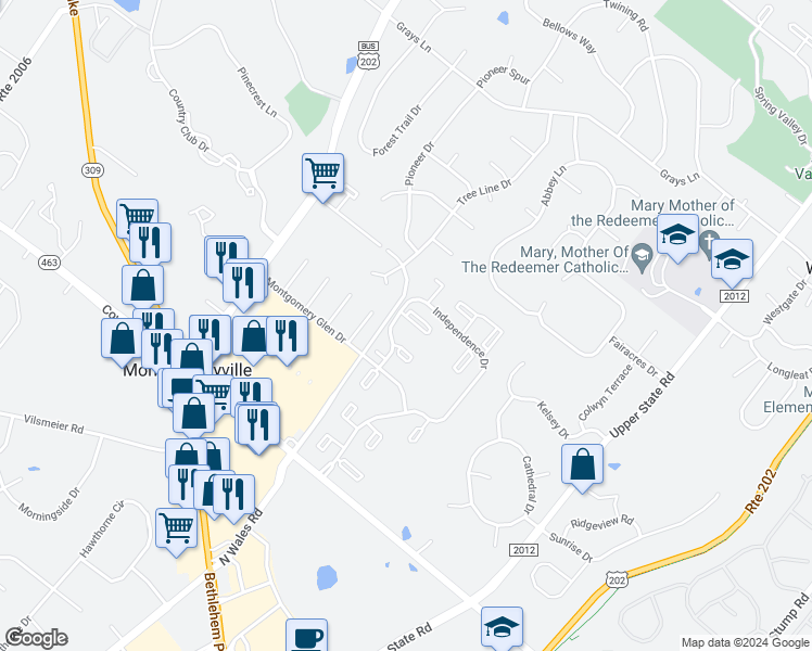map of restaurants, bars, coffee shops, grocery stores, and more near 1006 Thornton Court in North Wales