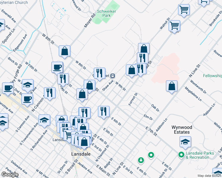map of restaurants, bars, coffee shops, grocery stores, and more near 732 Walnut Street in Lansdale