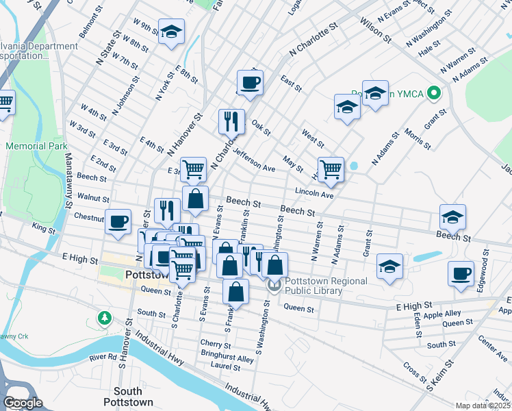 map of restaurants, bars, coffee shops, grocery stores, and more near 414 Beech Street in Pottstown