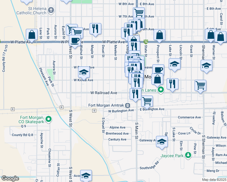 map of restaurants, bars, coffee shops, grocery stores, and more near 133 Meeker Street in Fort Morgan