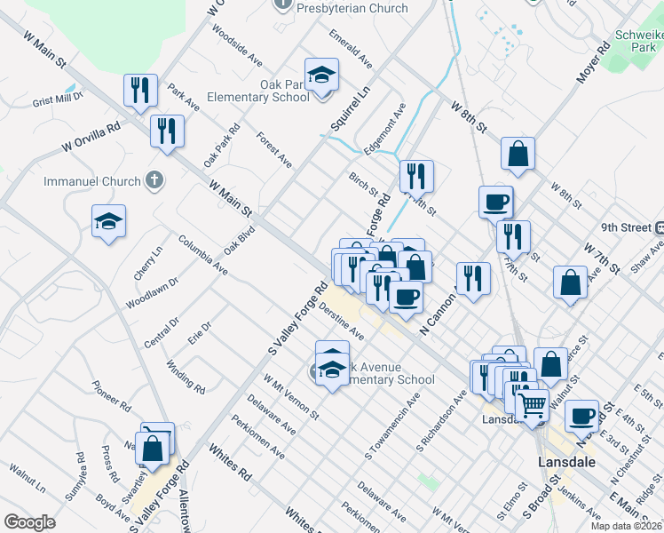 map of restaurants, bars, coffee shops, grocery stores, and more near 890 West Main Street in Lansdale
