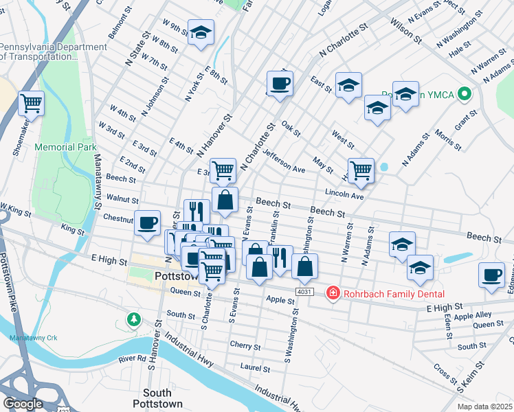 map of restaurants, bars, coffee shops, grocery stores, and more near 350 Walnut Street in Pottstown