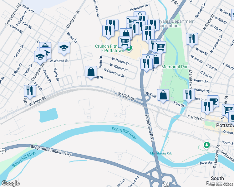 map of restaurants, bars, coffee shops, grocery stores, and more near 259 West High Street in Pottstown