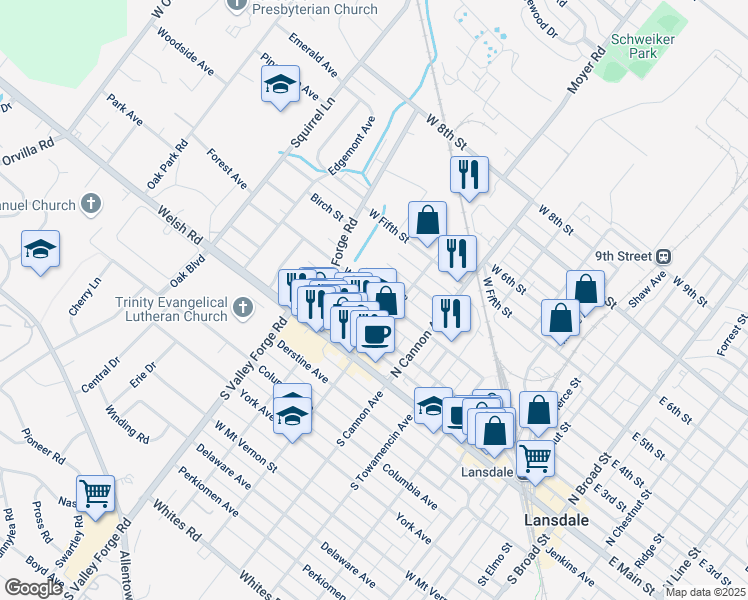 map of restaurants, bars, coffee shops, grocery stores, and more near 822 West 3rd Street in Lansdale