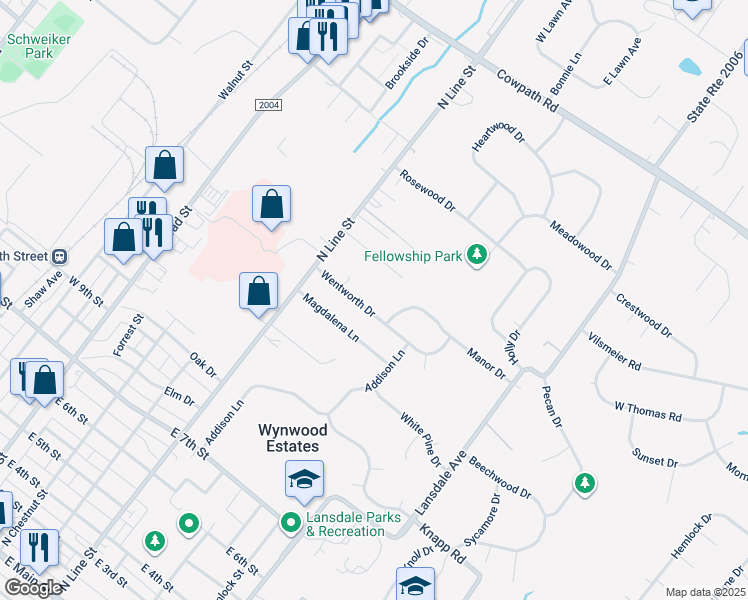 map of restaurants, bars, coffee shops, grocery stores, and more near 120 Wentworth Drive in Lansdale