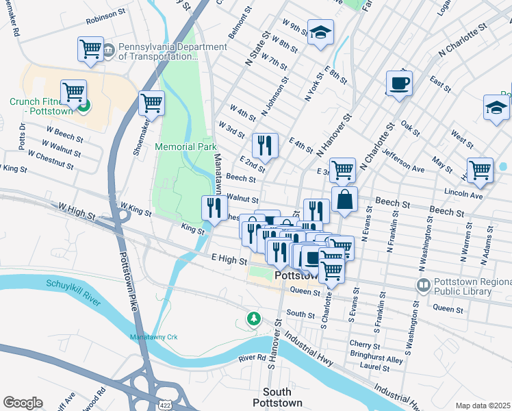 map of restaurants, bars, coffee shops, grocery stores, and more near 66 Chestnut Street in Pottstown