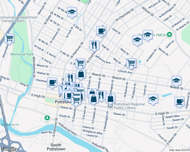 map of restaurants, bars, coffee shops, grocery stores, and more near 360 Beech Street in Pottstown