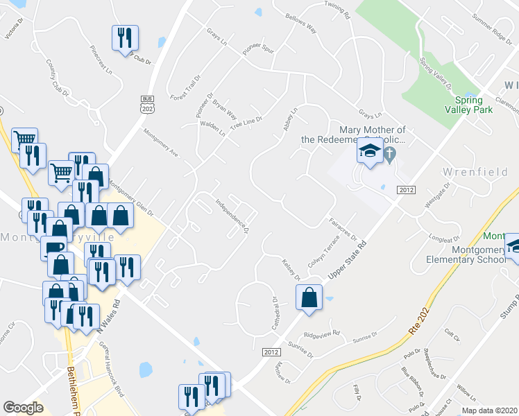 map of restaurants, bars, coffee shops, grocery stores, and more near 2007 Jefferson Court in North Wales