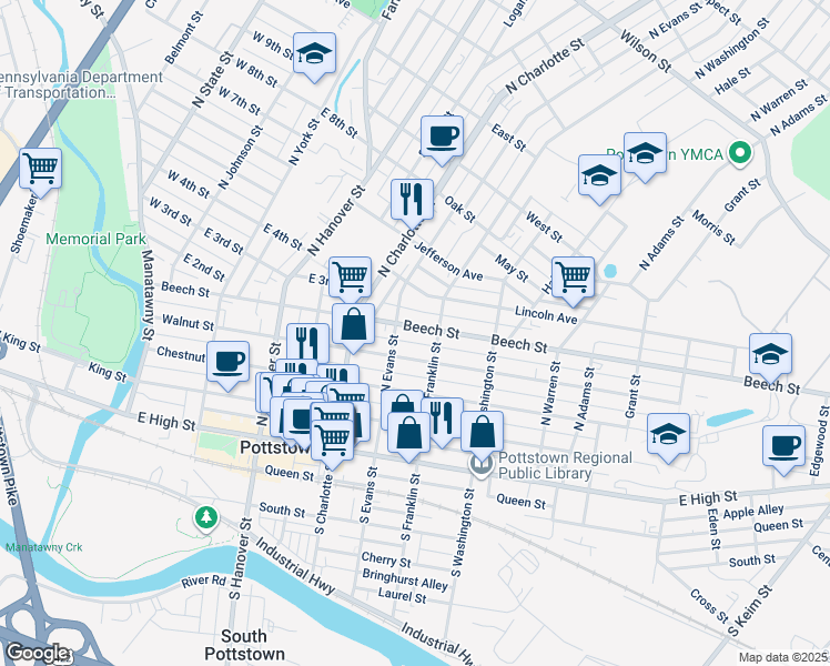 map of restaurants, bars, coffee shops, grocery stores, and more near 360 Beech Street in Pottstown