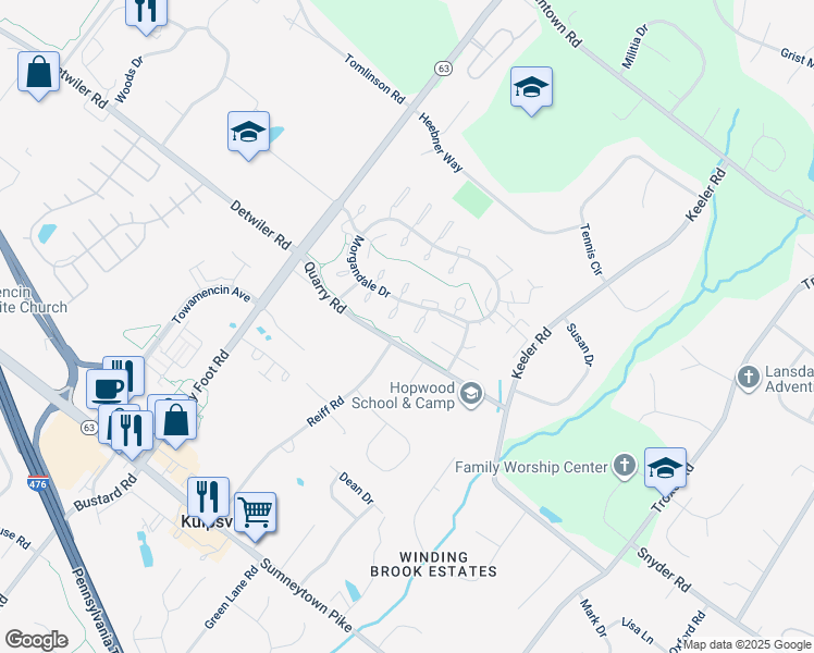 map of restaurants, bars, coffee shops, grocery stores, and more near 908A Stockton Court in Lansdale