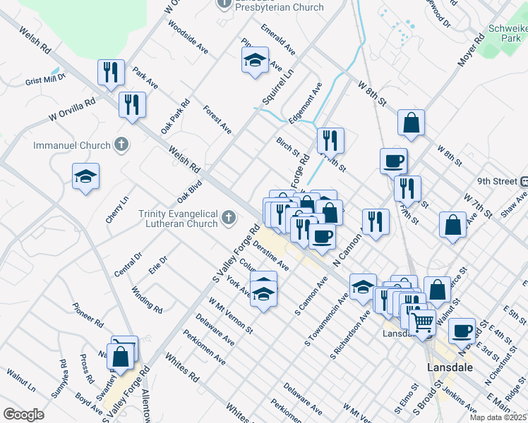 map of restaurants, bars, coffee shops, grocery stores, and more near 890 West Main Street in Lansdale