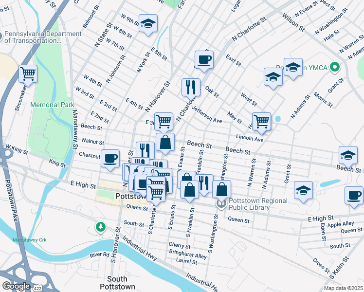 map of restaurants, bars, coffee shops, grocery stores, and more near 171 North Evans Street in Pottstown