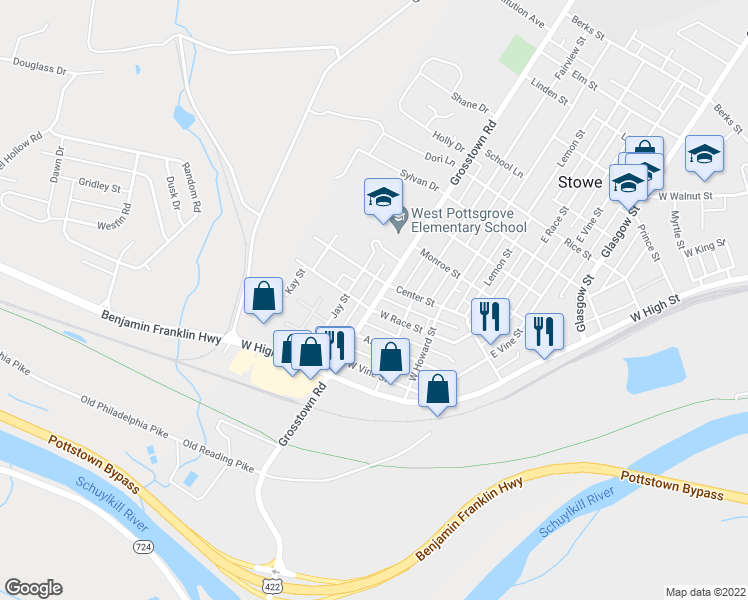 map of restaurants, bars, coffee shops, grocery stores, and more near 1 Jay Street in Stowe