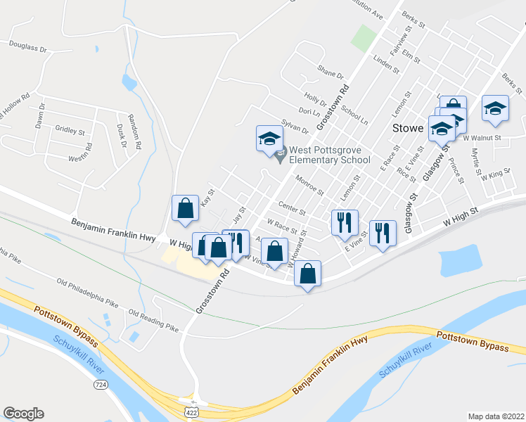 map of restaurants, bars, coffee shops, grocery stores, and more near 23 Grosstown Road in Pottstown