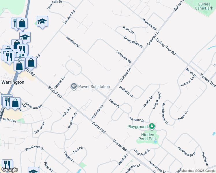 map of restaurants, bars, coffee shops, grocery stores, and more near 1457 Peach Tree Lane in Warrington