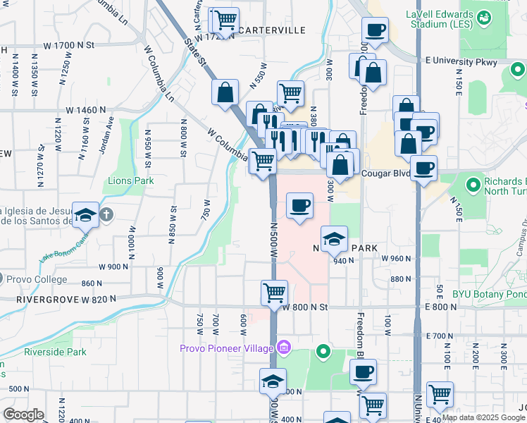 map of restaurants, bars, coffee shops, grocery stores, and more near 1055 North 500 West in Provo