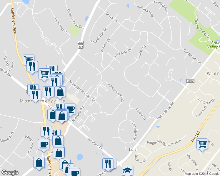map of restaurants, bars, coffee shops, grocery stores, and more near 704 Thornton Court in North Wales