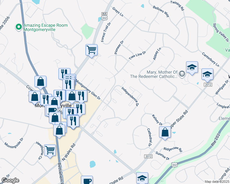 map of restaurants, bars, coffee shops, grocery stores, and more near 1006 Thornton Court in North Wales