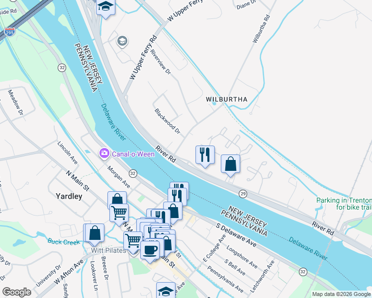 map of restaurants, bars, coffee shops, grocery stores, and more near 818 River Road in Trenton