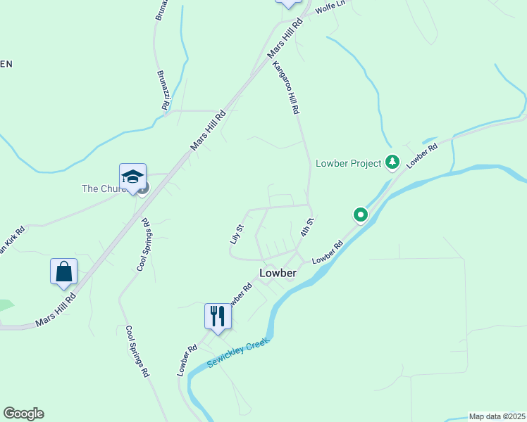 map of restaurants, bars, coffee shops, grocery stores, and more near 203 Lily Street in Lowber