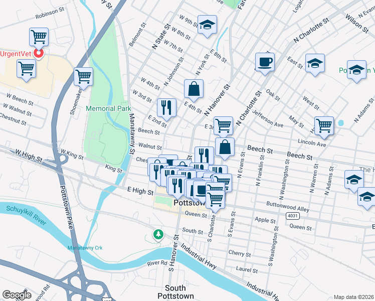 map of restaurants, bars, coffee shops, grocery stores, and more near 176 North Hanover Street in Pottstown