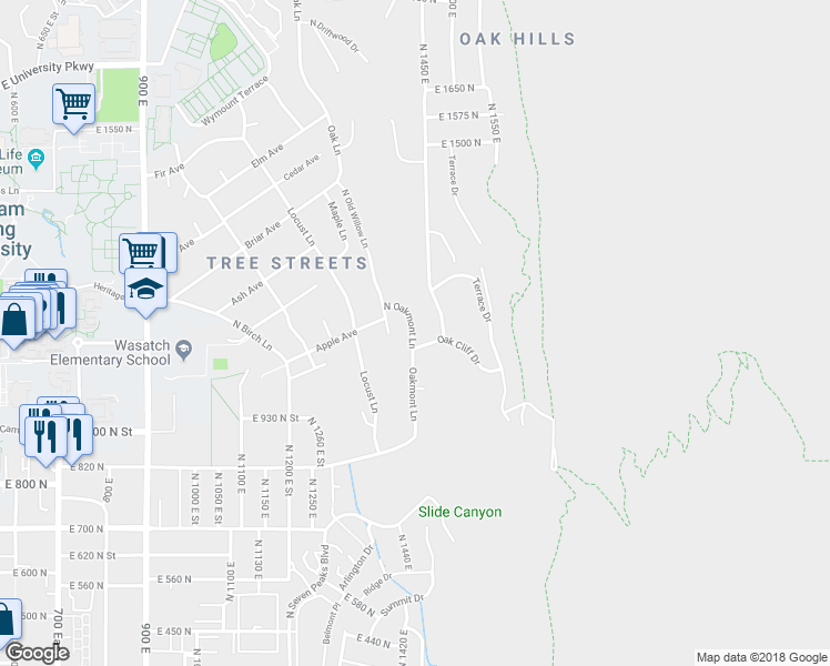 map of restaurants, bars, coffee shops, grocery stores, and more near 1108 North Oakmont Lane in Provo