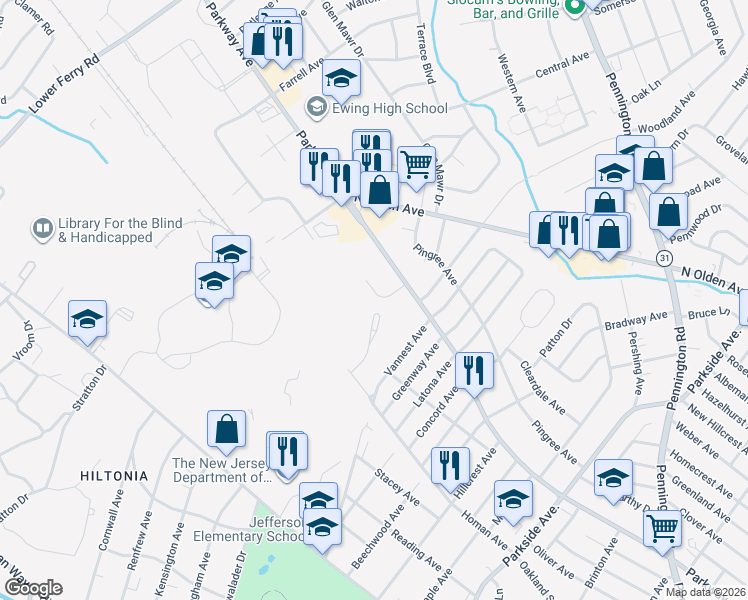 map of restaurants, bars, coffee shops, grocery stores, and more near 11 Ranchwood Drive in Ewing Township