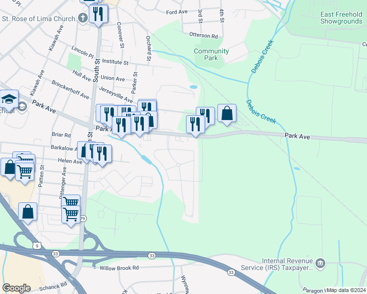 map of restaurants, bars, coffee shops, grocery stores, and more near 658 Park Avenue in Freehold