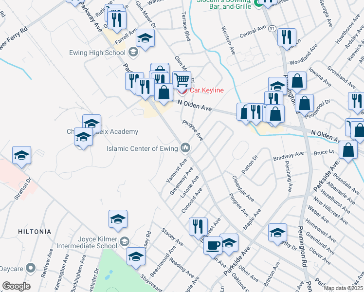 map of restaurants, bars, coffee shops, grocery stores, and more near 720 County Route 634 in Ewing Township