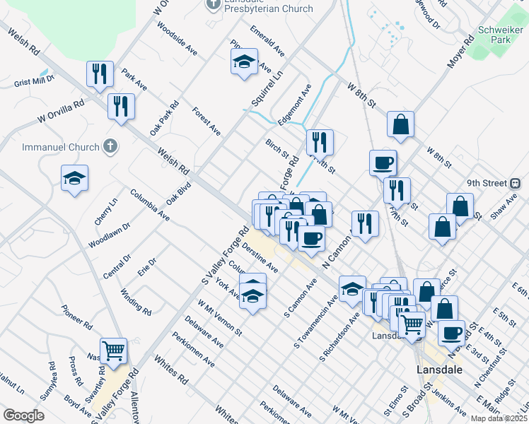 map of restaurants, bars, coffee shops, grocery stores, and more near 206 North Valley Forge Road in Lansdale