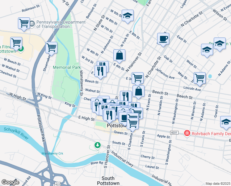 map of restaurants, bars, coffee shops, grocery stores, and more near 176 North Hanover Street in Pottstown