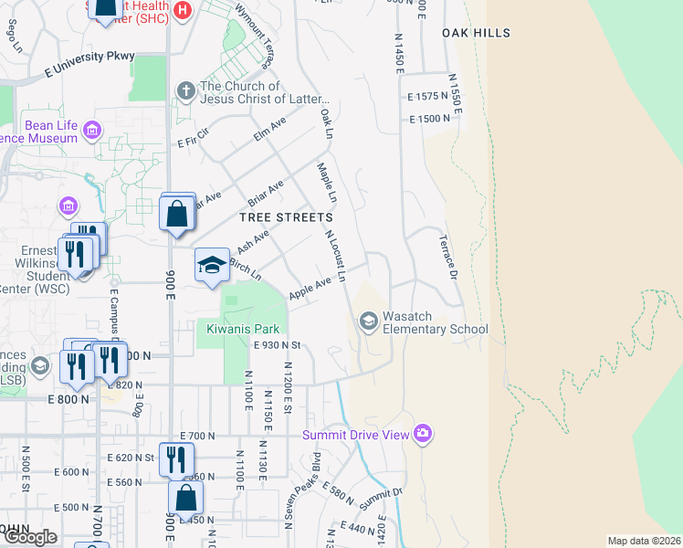 map of restaurants, bars, coffee shops, grocery stores, and more near 1411 North Locust Lane in Provo