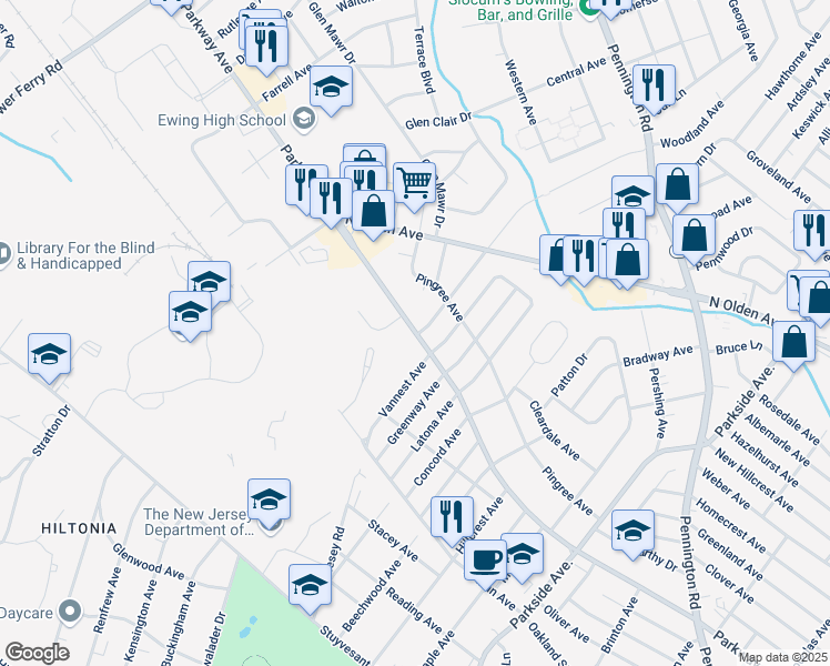 map of restaurants, bars, coffee shops, grocery stores, and more near 720 County Route 634 in Ewing Township