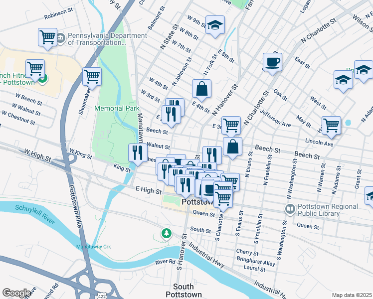 map of restaurants, bars, coffee shops, grocery stores, and more near 133 Walnut Street in Pottstown
