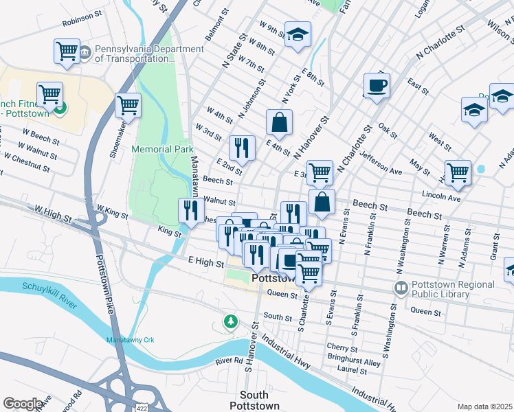 map of restaurants, bars, coffee shops, grocery stores, and more near 131 Walnut Street in Pottstown