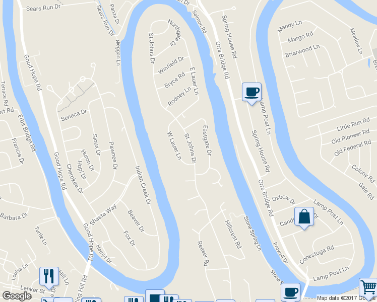 map of restaurants, bars, coffee shops, grocery stores, and more near 540 Saint Johns Drive in Camp Hill