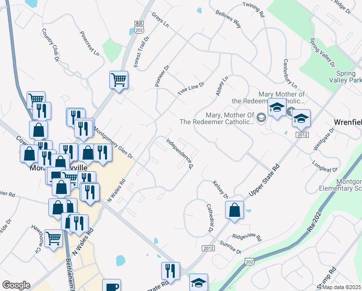 map of restaurants, bars, coffee shops, grocery stores, and more near 1313 Morris Court in North Wales