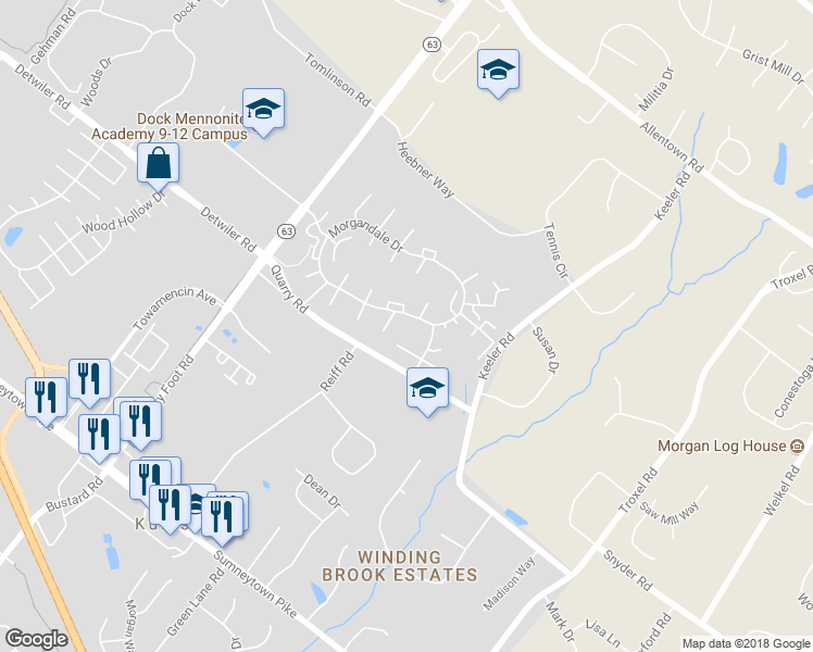 map of restaurants, bars, coffee shops, grocery stores, and more near 1104 Jefferson Court in Lansdale