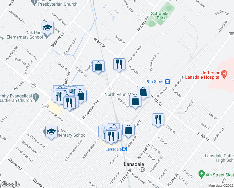 map of restaurants, bars, coffee shops, grocery stores, and more near 510 North Towamencin Avenue in Lansdale