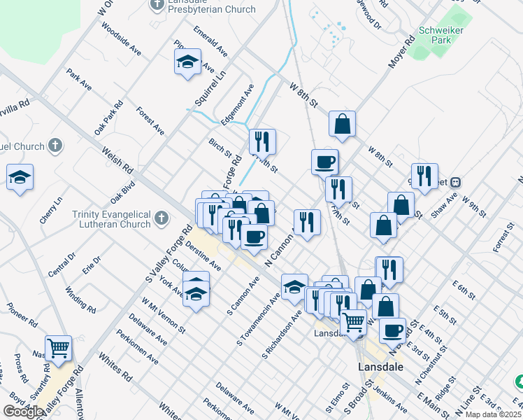 map of restaurants, bars, coffee shops, grocery stores, and more near 819 West 3rd Street in Lansdale