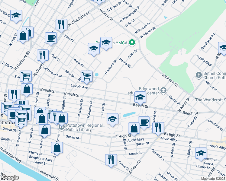map of restaurants, bars, coffee shops, grocery stores, and more near 725 Lincoln Avenue in Pottstown