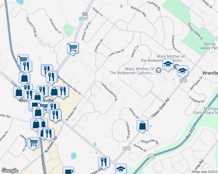 map of restaurants, bars, coffee shops, grocery stores, and more near 1311 Morris Court in North Wales