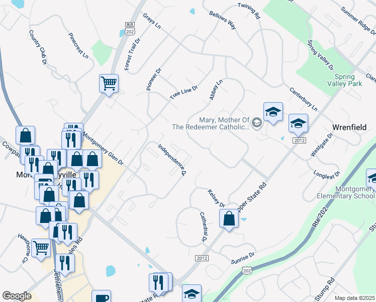 map of restaurants, bars, coffee shops, grocery stores, and more near 1903 Jefferson Court in North Wales
