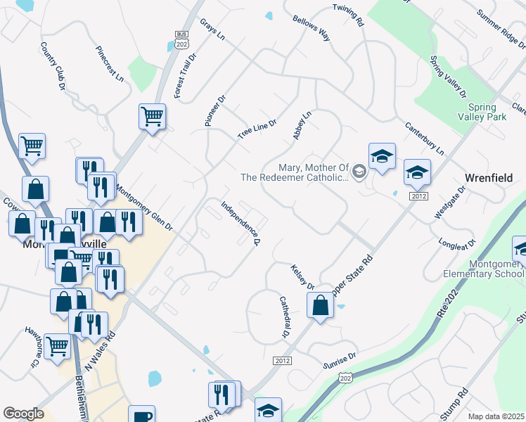 map of restaurants, bars, coffee shops, grocery stores, and more near 1903 Jefferson Court in North Wales