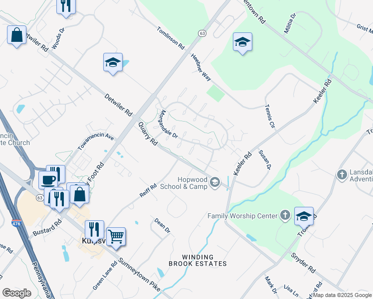 map of restaurants, bars, coffee shops, grocery stores, and more near 905A Stockton Court in Lansdale