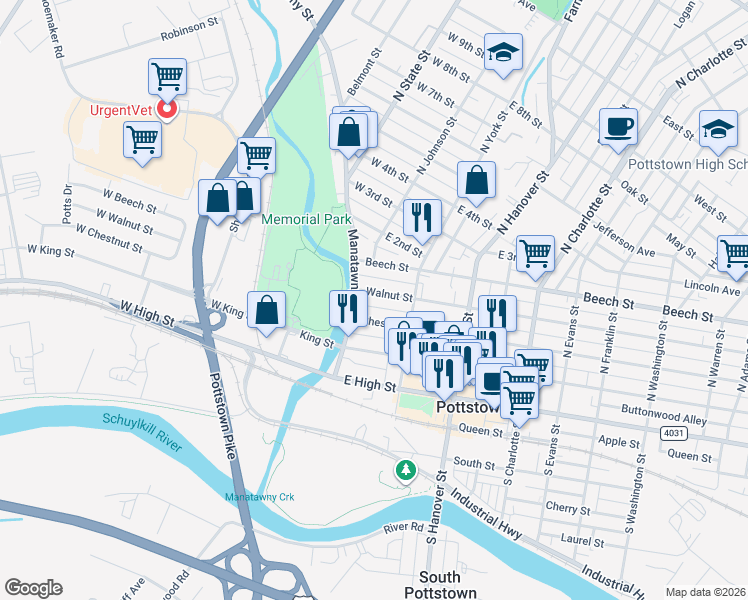 map of restaurants, bars, coffee shops, grocery stores, and more near 11 Walnut Street in Pottstown