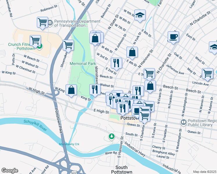 map of restaurants, bars, coffee shops, grocery stores, and more near 44 Walnut Street in Pottstown