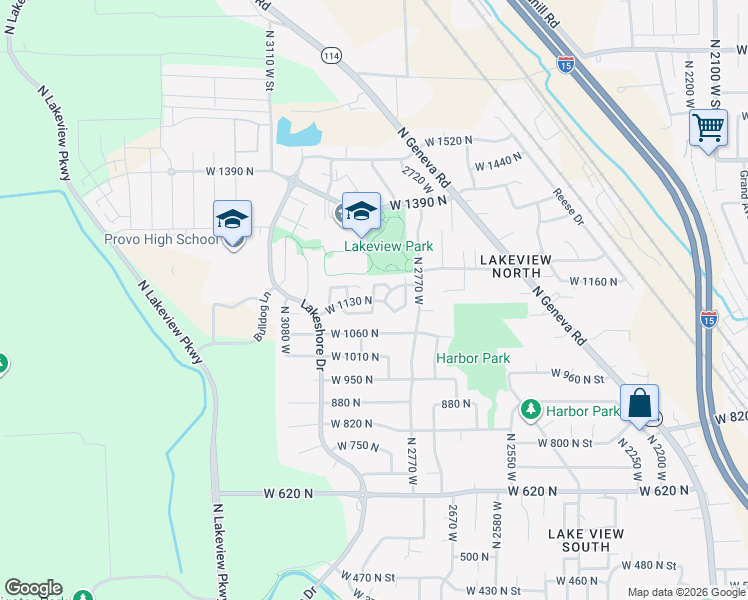 map of restaurants, bars, coffee shops, grocery stores, and more near 1131 North 2850 West in Provo