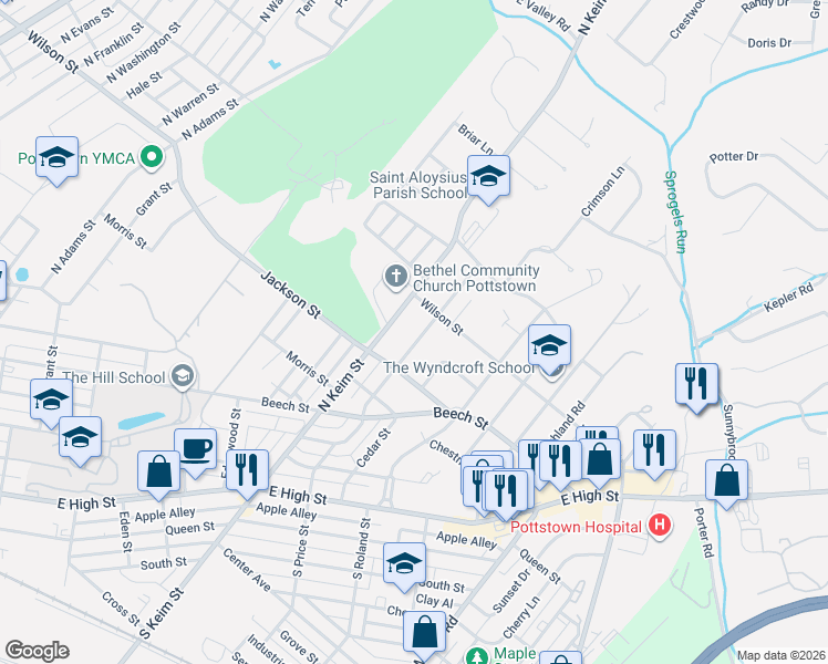 map of restaurants, bars, coffee shops, grocery stores, and more near 1090 Wilson Street in Pottstown